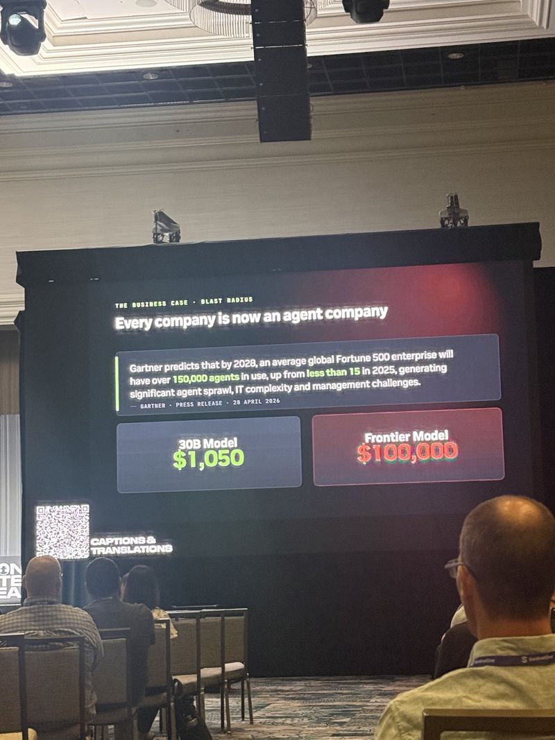 Slide: Every company is now an agent company, citing a Gartner prediction of over 150,000 agents per Fortune 500 enterprise by 2028 and comparing $100,000 for a frontier model scan against $1,050 for a 30B model