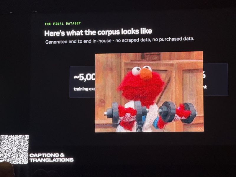 Slide: The final dataset, stating the corpus of roughly 5,000 training examples was generated end to end in-house with no scraped and no purchased data