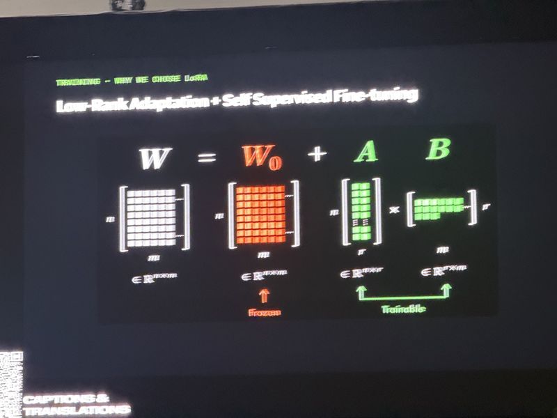 Slide: Why we chose LoRA, showing low-rank adaptation with supervised fine-tuning and the frozen weights plus trainable low-rank matrices formulation