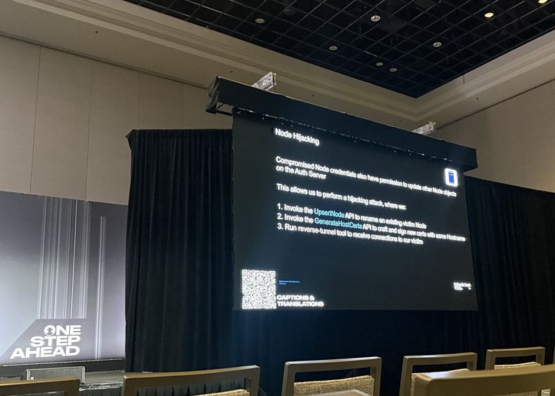 Slide: Node Hijacking listing the three steps — UpsertNode to rename the victim, GenerateHostCerts to sign new certificates with the same hostname, and a reverse-tunnel tool to receive connections