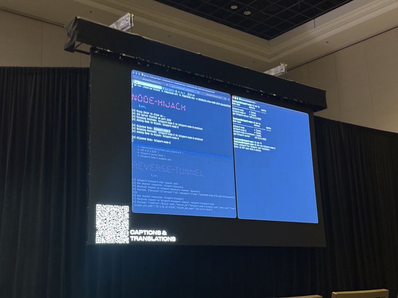 Slide: Demo terminal showing the node-hijack tool renaming a victim node and a reverse-tunnel tool receiving Teleport transport dial requests