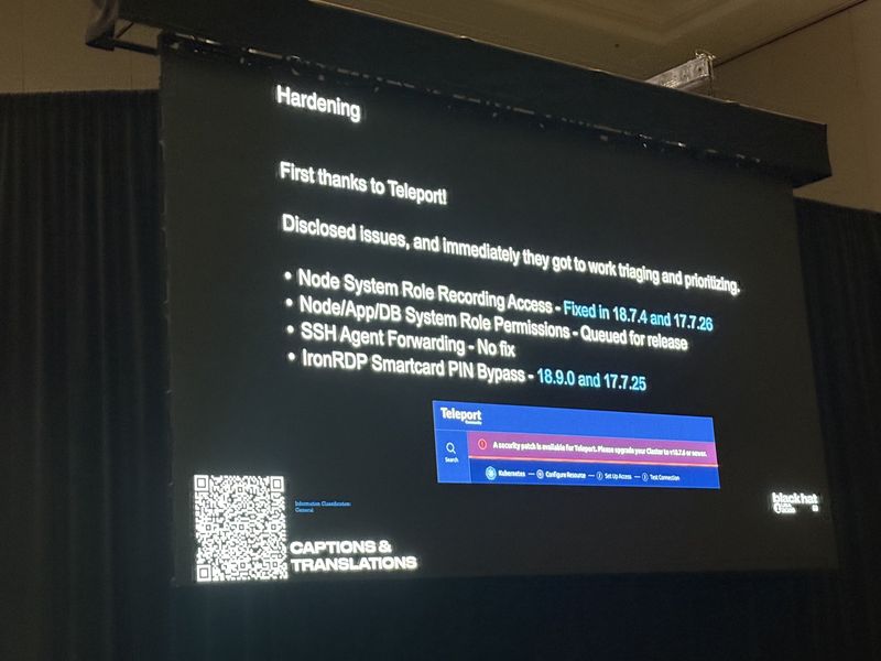 Slide: Hardening thanking Teleport for triaging, listing four disclosed issues with their fix versions, alongside a Teleport banner urging clusters to upgrade