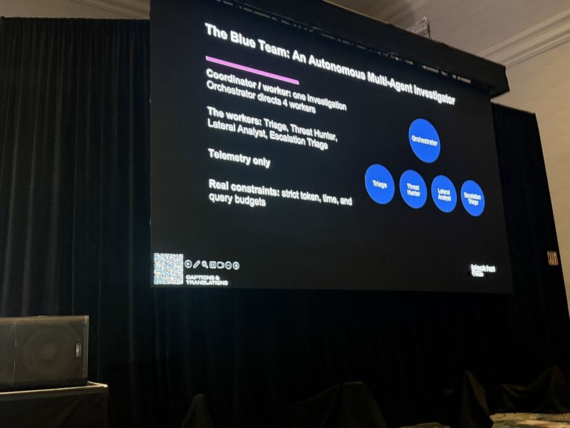 Slide: The Blue Team as an autonomous multi-agent investigator, with an orchestrator directing four workers — triage, threat hunter, lateral analyst and escalation triage — under strict token, time and query budgets