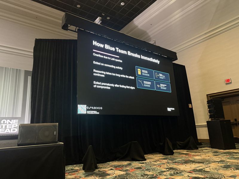 Slide: How Blue Team Breaks Immediately, listing context overflow from Loki queries, reasoning taking too long while the attack continues, and exiting prematurely after the first signs of compromise
