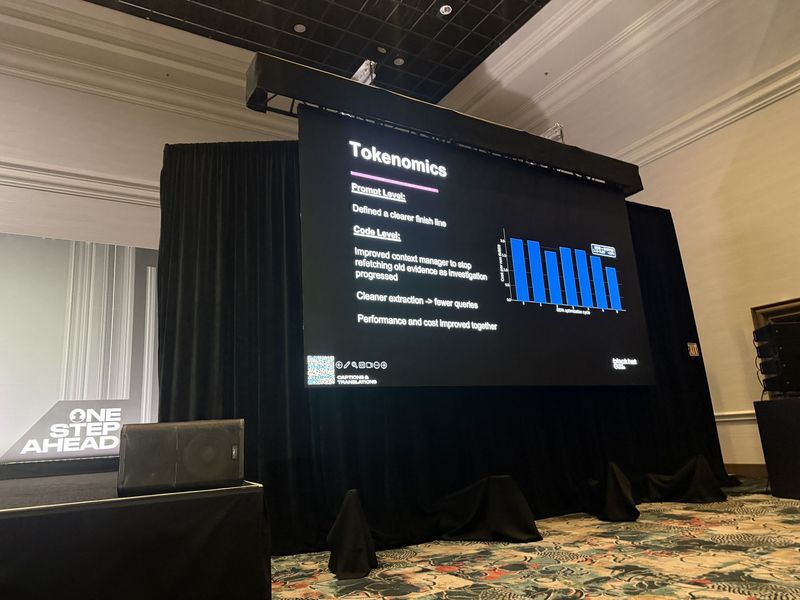 Slide: Tokenomics showing prompt and code-level cost reductions with a bar chart of cost per run in US dollars falling across optimization cycles