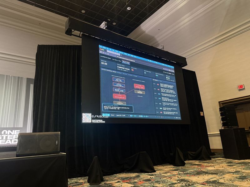 Slide: Replay demo mid-run during the credential access phase, showing red actions, detections fired and agent cost updating live