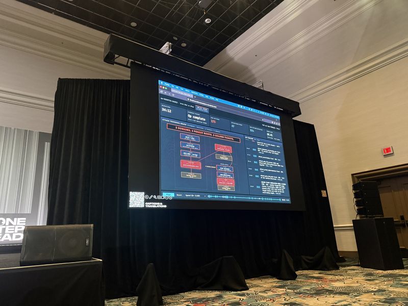 Slide: Replay demo of a completed 34-minute operation across 3 domains and 2 forest roots with 3 golden tickets, 175 red actions, 47 detections fired and 91% of red actions detected