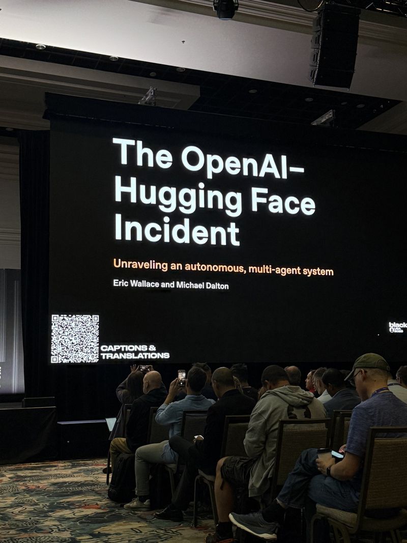 Slide: Title slide for The OpenAI–Hugging Face Incident, unraveling an autonomous multi-agent system, presented by Eric Wallace and Michael Dalton