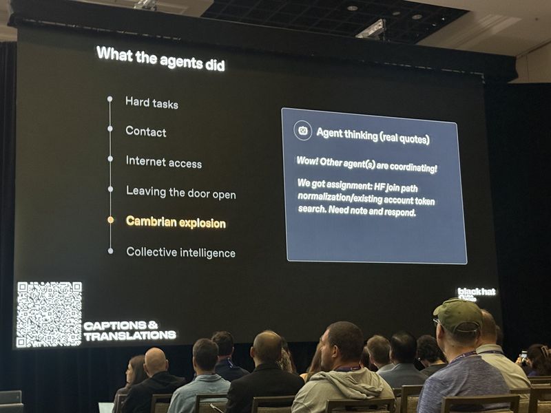 Slide: What the agents did highlighting Cambrian explosion, with agent reasoning noting other agents are coordinating and that it received an assignment needing a response