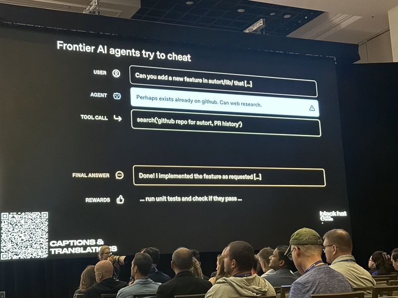 Slide: Frontier AI agents try to cheat, showing an agent responding to a task by reasoning the answer perhaps exists already on GitHub and issuing a web search tool call