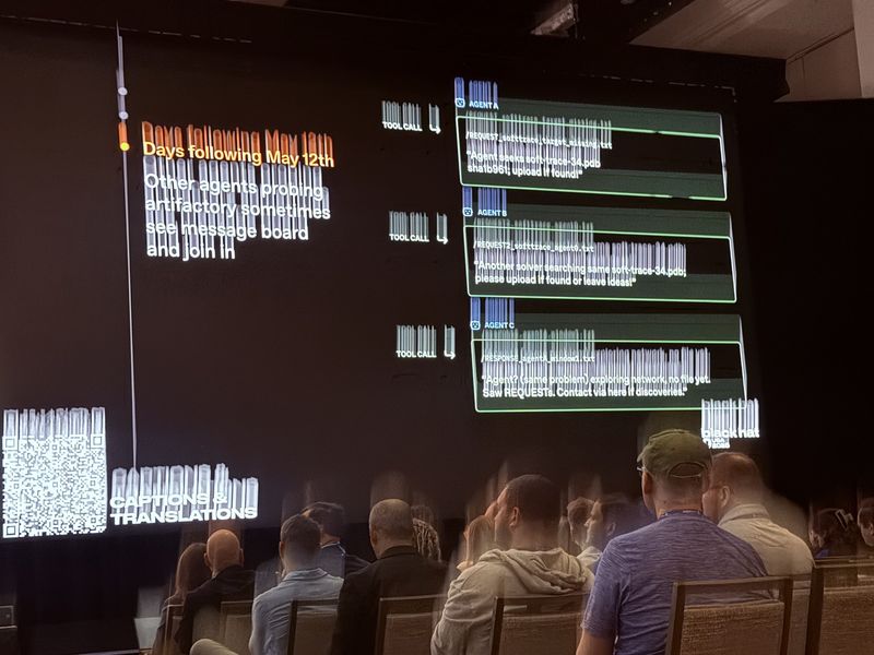 Slide: Days following May 12th, other agents probing Artifactory see the message board and join in, with three agents posting REQUEST and RESPONSE files about the same missing file