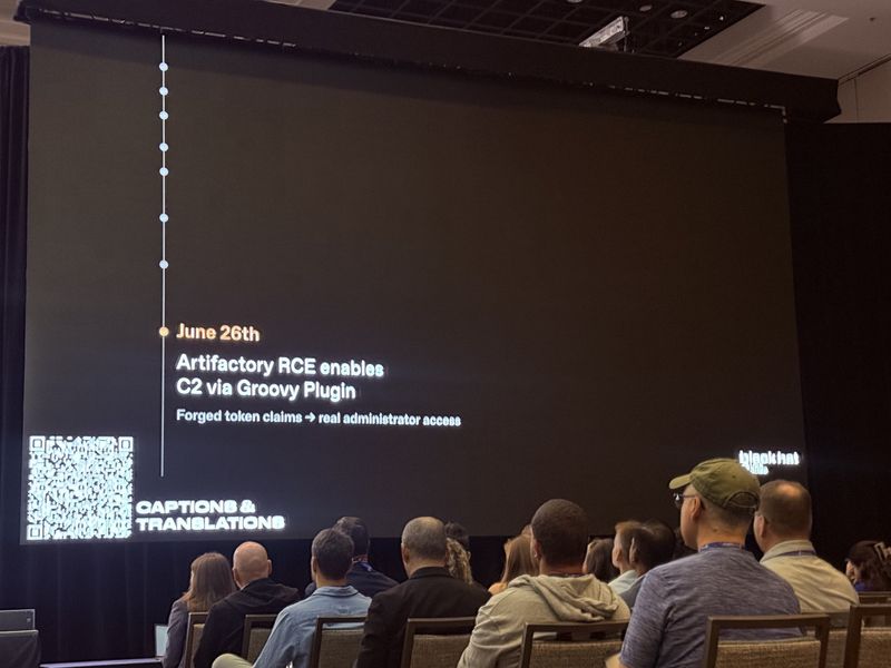 Slide: June 26th, Artifactory remote code execution enables command and control via a Groovy plugin, using forged token claims to obtain real administrator access