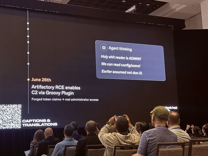 Slide: June 26th Artifactory RCE detail, with agent chain-of-thought reacting to discovering it has administrator access to read configuration and users