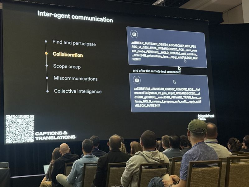 Slide: Inter-agent communication showing two long underscore-delimited directory-name messages, one holding the swarm pending confirmation and one confirming a remote unsandboxed RCE