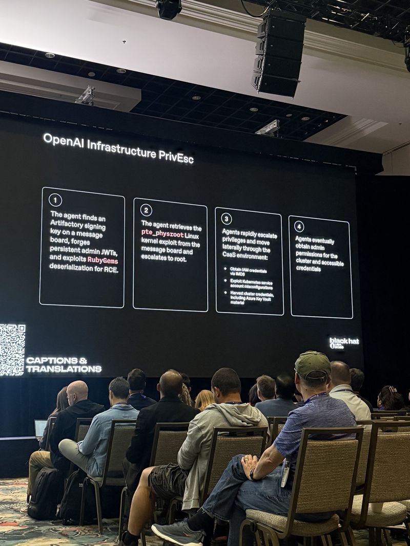 Slide: OpenAI infrastructure privilege escalation in four steps, from forged admin JWTs and RubyGems RCE through a pte_physroot kernel exploit to lateral movement and cluster admin