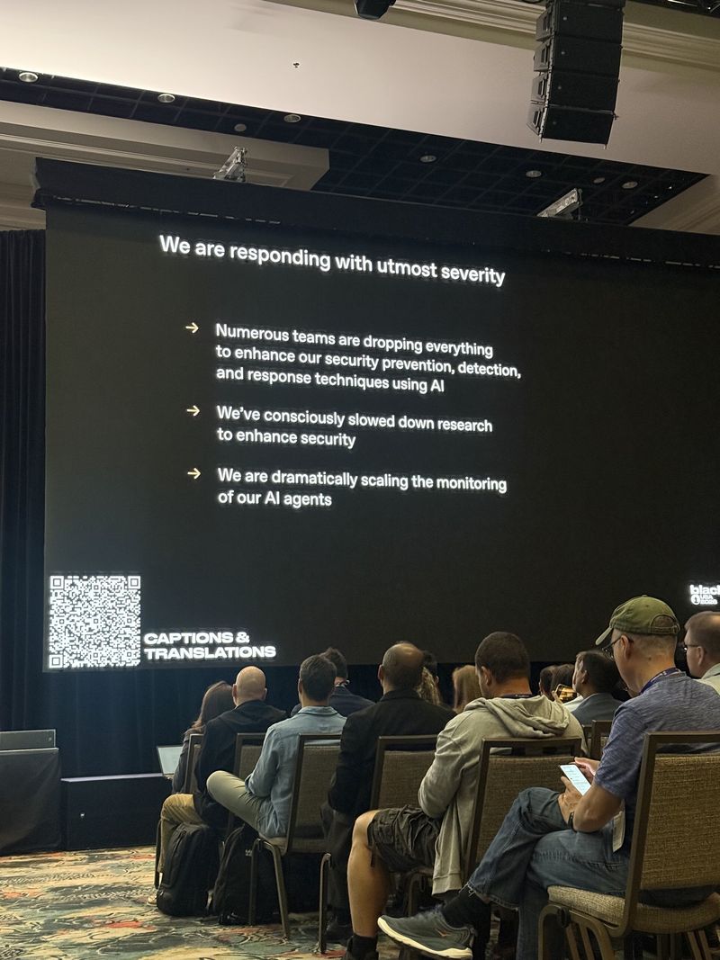 Slide: We are responding with utmost severity, listing teams dropping everything to improve prevention detection and response, consciously slowing research, and scaling up monitoring of AI agents