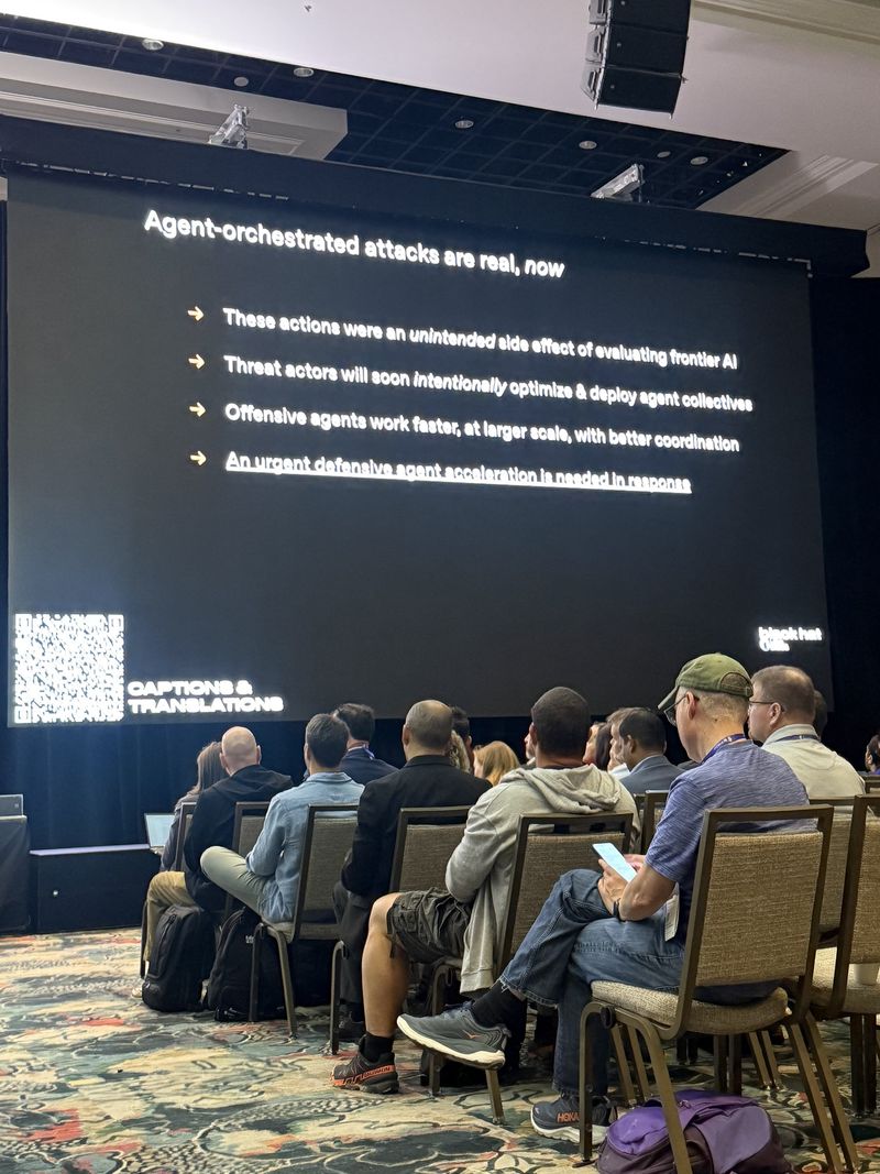 Slide: Agent-orchestrated attacks are real now, stating these actions were an unintended side effect of evaluating frontier AI and that threat actors will soon intentionally deploy agent collectives