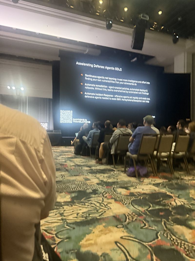 Slide: Accelerating Defense Agentic SDLC, recommending continuous agentic red teaming, automated remediation with agent-created patches and rollbacks, and automated incident response