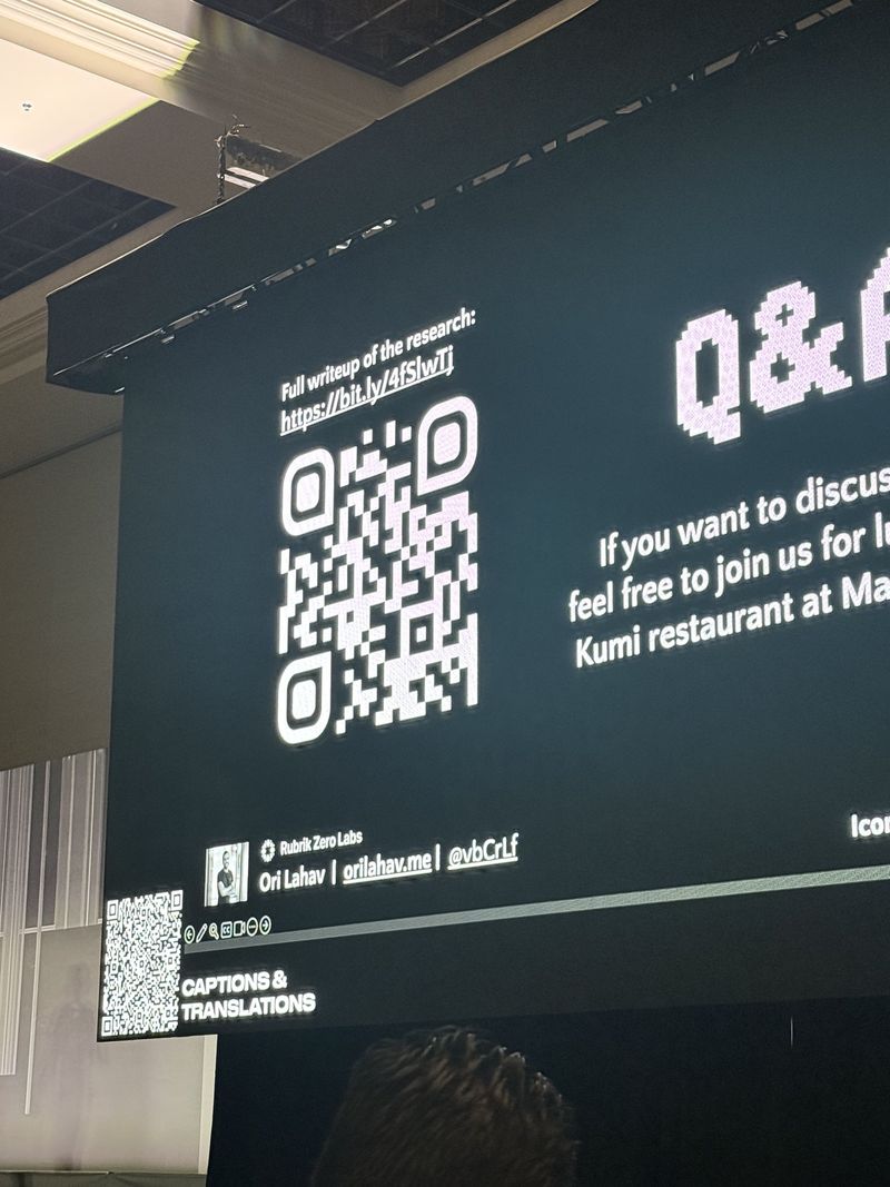 Slide: Closing questions slide with a link to the full research writeup and contact details for Ori Lahav of Rubrik Zero Labs