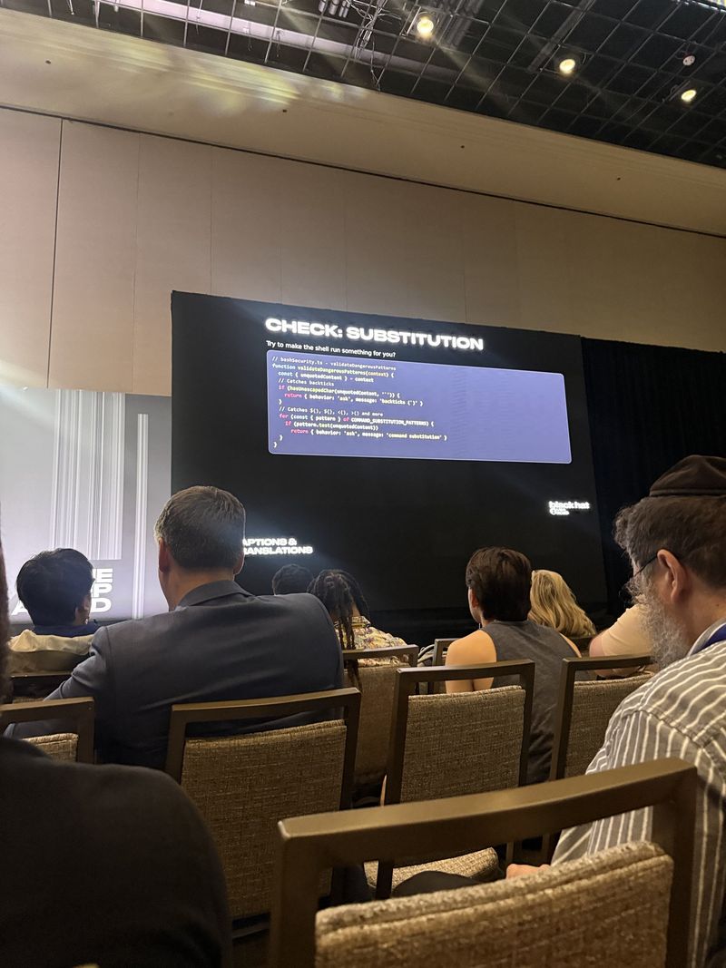 Slide: Check Substitution showing bashSecurity.ts validateDangerousPatterns catching backticks and command substitution patterns in unquoted content