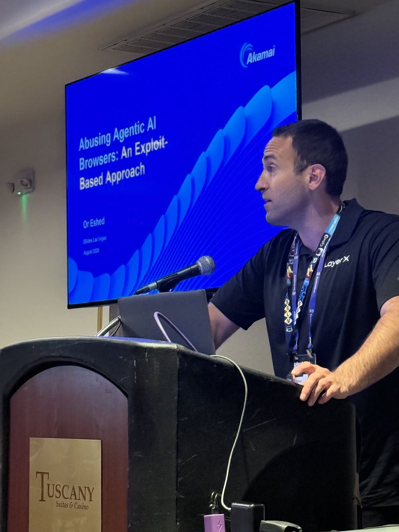 Slide: Title slide for Abusing Agentic AI Browsers, An Exploit-Based Approach, by Or Eshed at BSides Las Vegas August 2026