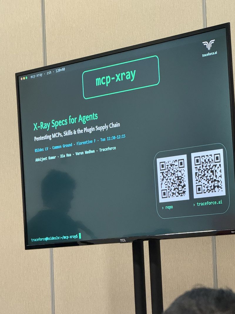 Slide: Title slide for mcp-xray, X-Ray Specs for Agents, pentesting MCPs, skills and the plugin supply chain, by Abhijeet Kumar, Xia Hua and Varun Wadhwa of Traceforce