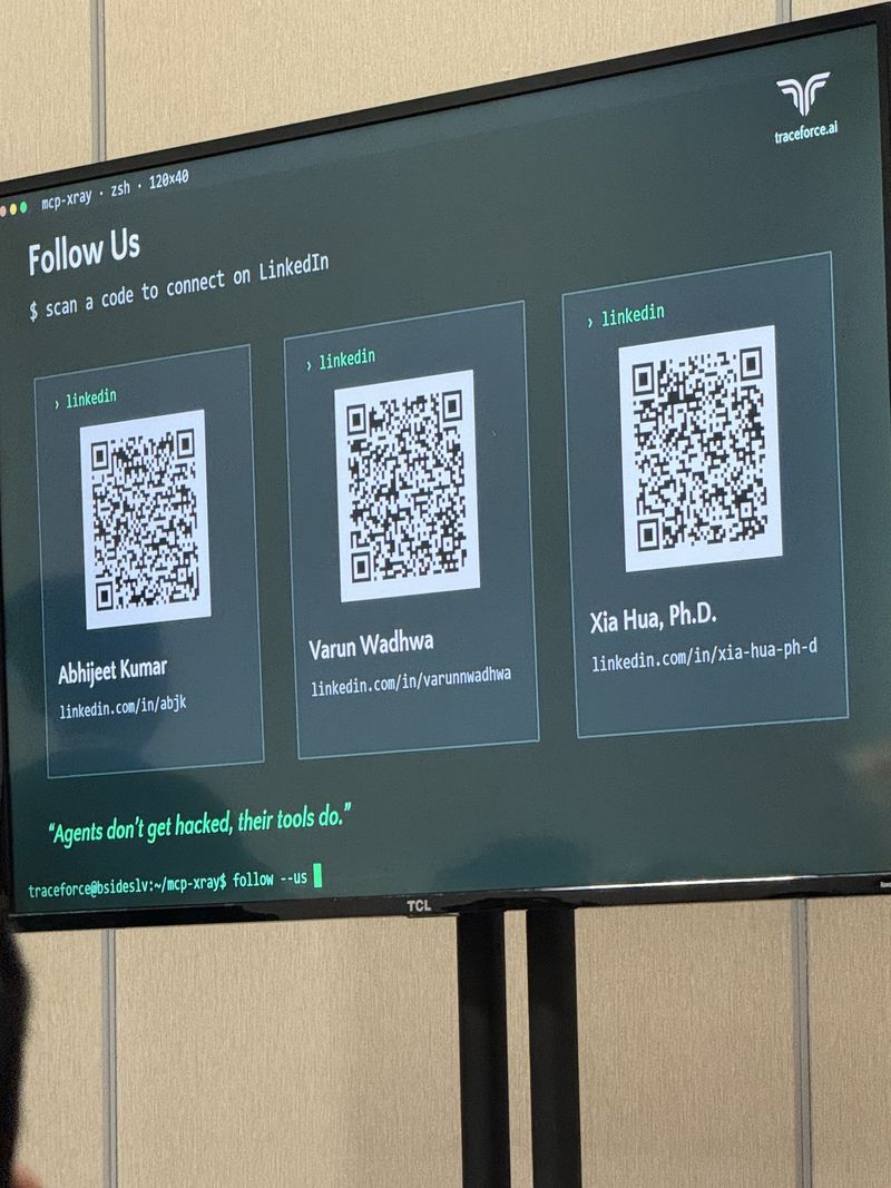 Slide: Follow Us closing slide with LinkedIn QR codes for the three Traceforce speakers, above the line agents don't get hacked, their tools do