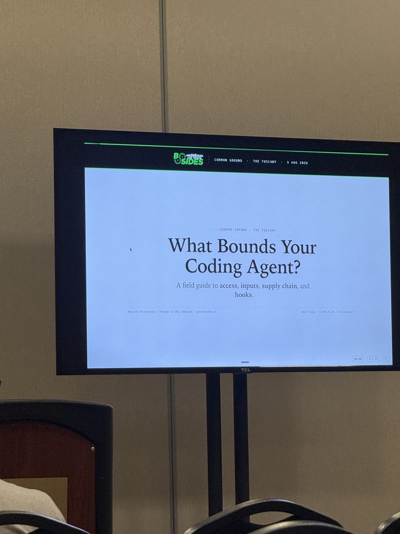 Slide: Title slide for What Bounds Your Coding Agent, a field guide to access, inputs, supply chain and hooks, by Rajaram Srinivasan, Founder and CEO of Unbound