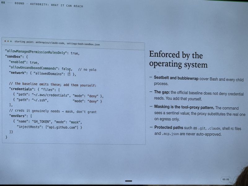 Slide: Authority — what it can reach, showing a sandbox settings JSON starting point and noting the official baseline does not deny credential reads