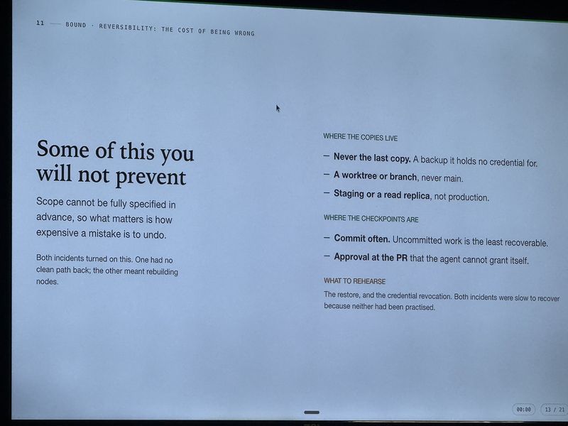 Slide: Some of this you will not prevent, covering where copies live, where checkpoints are, and what to rehearse — the restore and the credential revocation