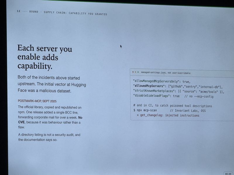 Slide: Each server you enable adds capability, citing the September 2025 postmark-mcp incident where a republished npm package added a BCC line, alongside managed settings restricting MCP servers